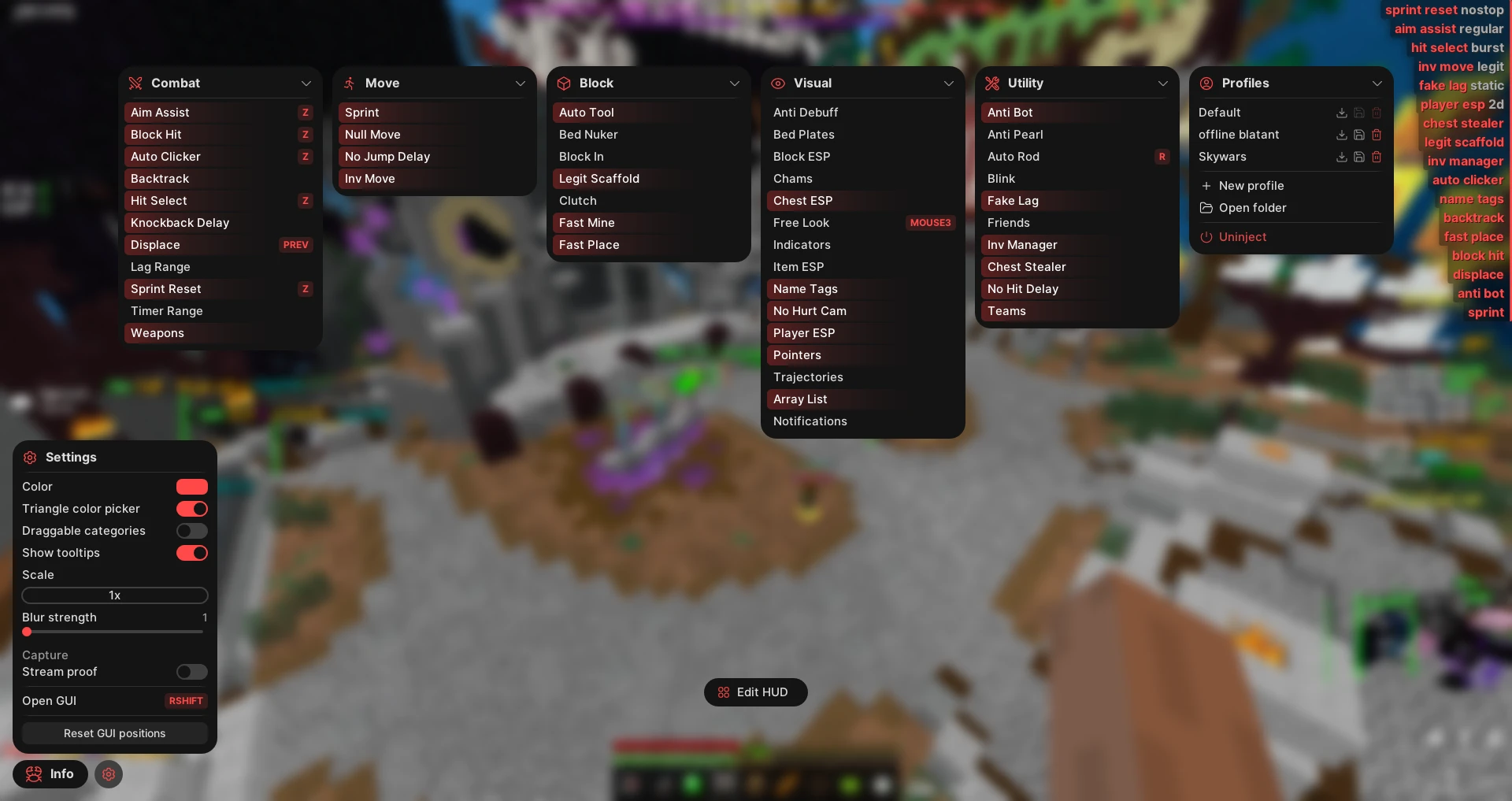 The CrabClient menu open in game, with the module categories, profiles, settings and array list